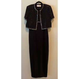 Montage Black Beaded Formal Maxi Dress w/ Jacket Elegant Size 12